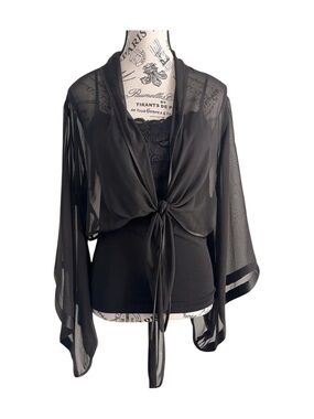 🇨🇦 Vintage 90s Black Sheer Tie Front Kimono Goth Bell Sleeve Layering One size